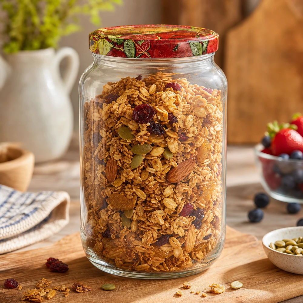 1062ml rond glas met BasicSeal deksel Fruit decor UNiTWIST 1062ml ronde pot BasicSeal deksel fruit decor gevuld met muesli granola noten gedroogd fruit ontbijt voorraadpot