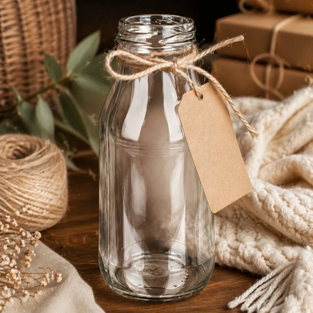 263ml fles zonder deksel (TO43) UNiTWIST Glazen fles 263ml TO43 UNiTWIST Fles263 met jute koord en hanger op houten tafel met decoratie
