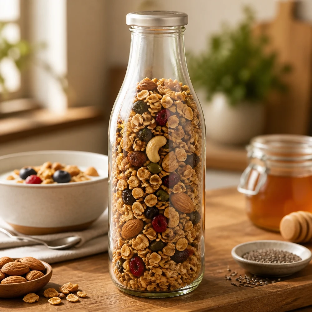 1000ml fles met BasicSeal deksel zilver UNiTWIST 1000ml glazen fles BasicSeal zilver gevuld met muesli noten en gedroogd fruit om droog voedsel in te bewaren.