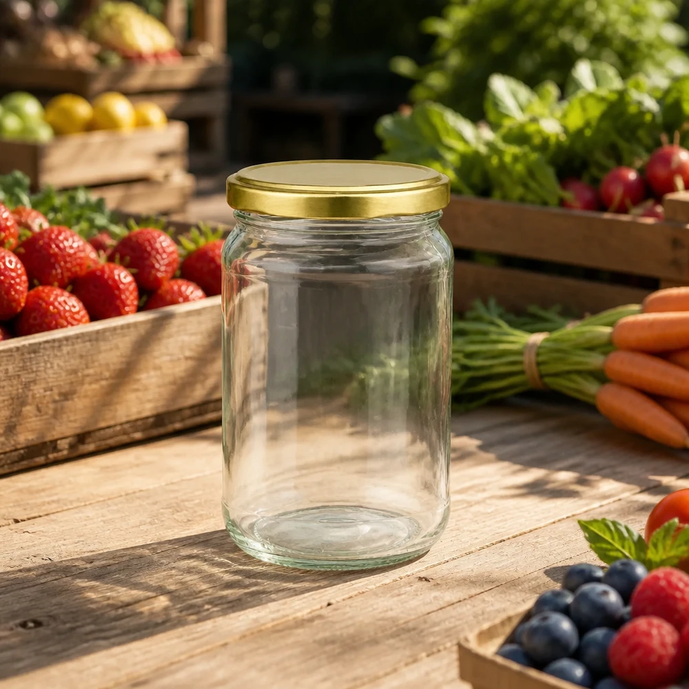 305ml rond glas met BasicSeal deksel goud UNiTWIST 305 ml BasicSeal UNiTWIST goud rond glas tussen vers fruit en groenten op een houten tafel in een natuurlijke omgeving