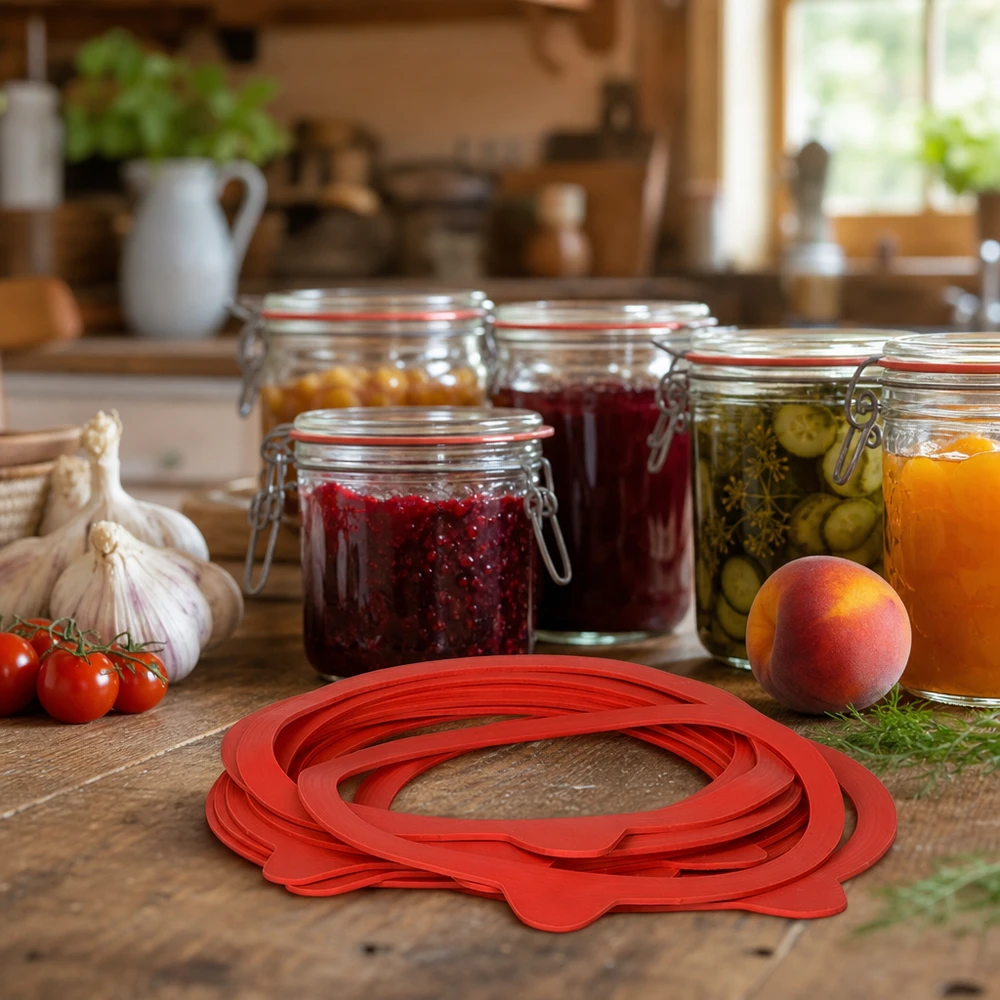 Inmaakring RR120 van natuurlijk rubber in een rustieke keuken met inmaakpotten en verse ingrediënten om in te maken