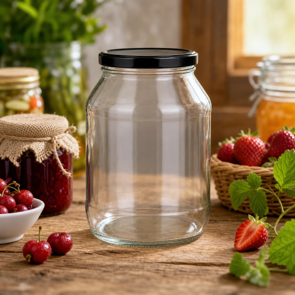 2650ml rond glas met BasicSeal deksel zwart UNiTWIST 2650ml Rundglas mit schwarzem Deckel für Einmachen und Vorratshaltung in rustikaler Küche mit frischen Früchten
