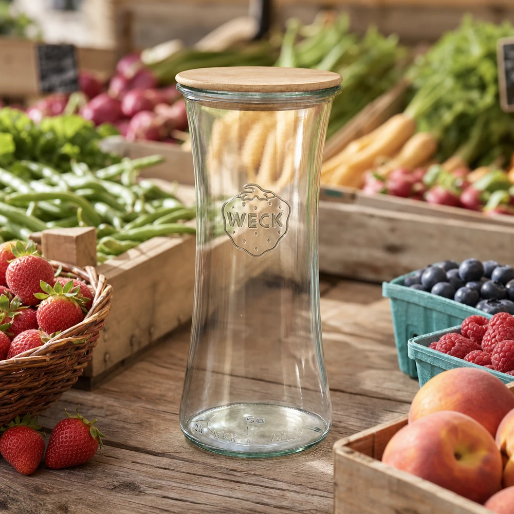 700ml delicatessenglas WECK RR80 met hout deksel WECK delicatessenpot 700ml RR80 met houten deksel op weekmarkt tussen verse groenten en fruit natuurlijke omgeving