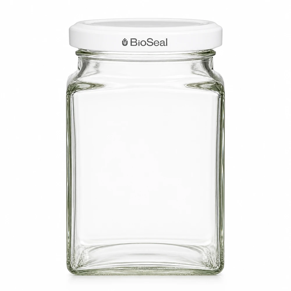 UNiTWIST Tetra260 voorraadpot vierkant met wit TO58 BioSeal deksel lege transparante glazen pot
