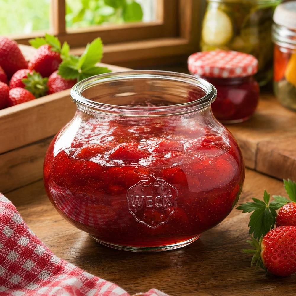 WECK decoratieve pot 560ml RR80 gevuld met aardbeienjam in een rustieke keuken met verse aardbeien en inmaakpotten