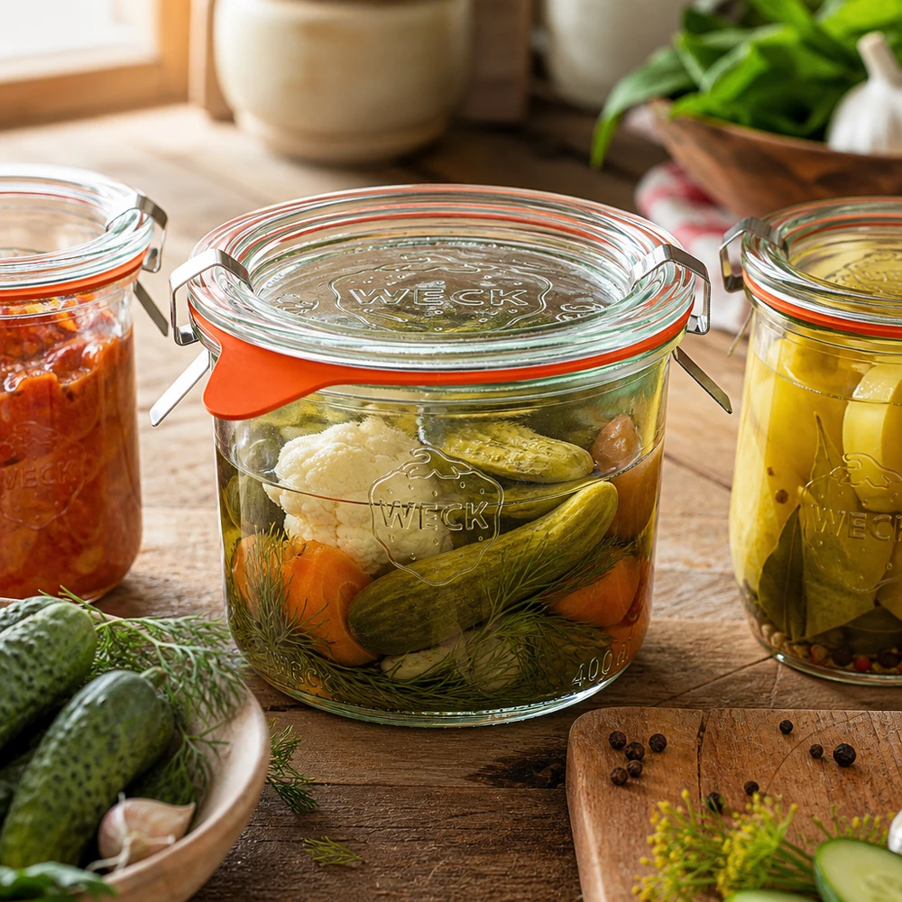 200ml stortglas compleet WECK RR80 WECK 200ml inmaakpot RR80 voor het inmaken van groenten en komkommers in een rustieke keuken met dille en kruiden