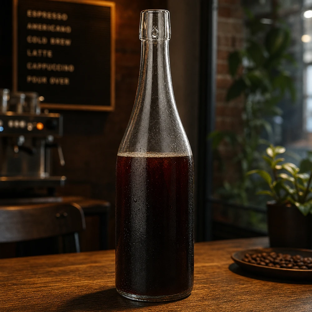 750 ml glazen fles zonder draaidop UNiTWIST 750ml UNiTWIST Glasflasche mit Cold Brew Kaffee befüllt auf Holztisch in stylischer Café Atmosphäre Anwendung