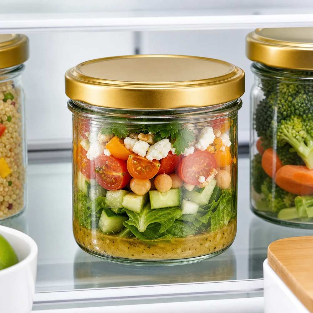 225ml bekers met BasicSeal deksel goud UNiTWIST 225ml Sturzglas UNiTWIST BasicSeal gold mit Schichtsalat im Kühlschrank - praktisches Meal Prep Glas für Vorrat