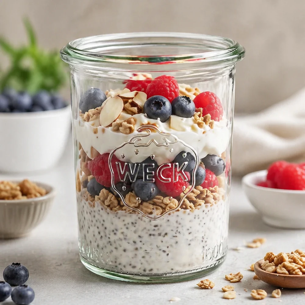 160ml stortglas WECK RR60 WECK 160ml RR60 mason jar gevuld met chia pudding bessen en noten als een gezond ontbijt idee