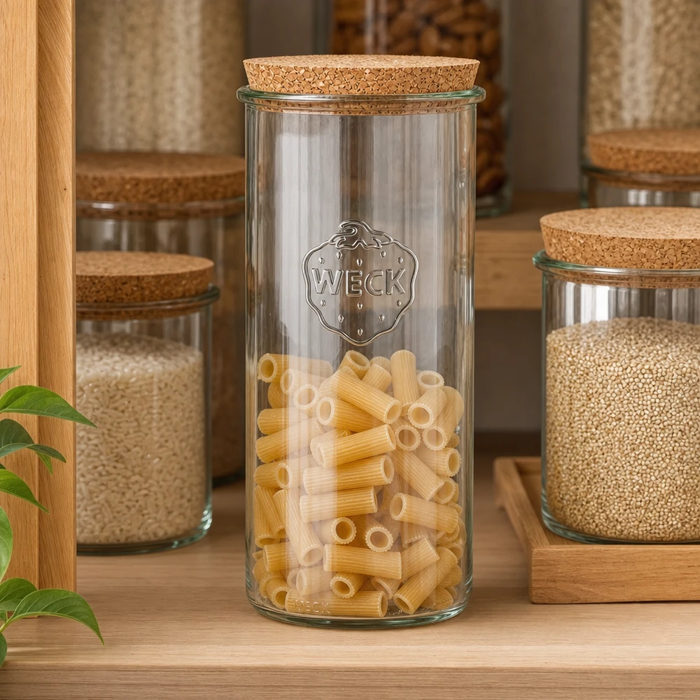 1500ml stortglas WECK RR100 met kurk WECK RR100 1500 ml pot gevuld met pasta Keukenrek Kurkdeksel Pantry organisatie Opbergen