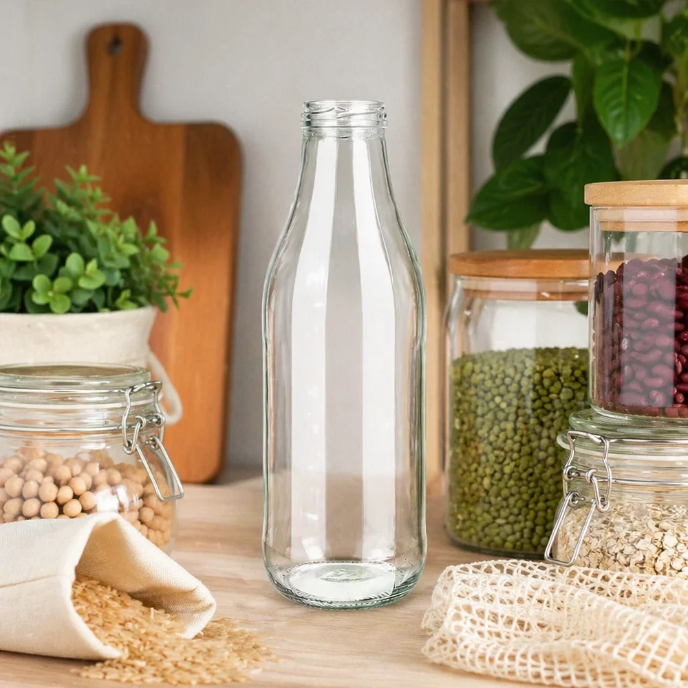 1000ml fles zonder deksel (TO48) UNiTWIST 1000ml glazen fles TO48 UNiTWIST in duurzame zero waste keuken met voorraadpotten en peulvruchten