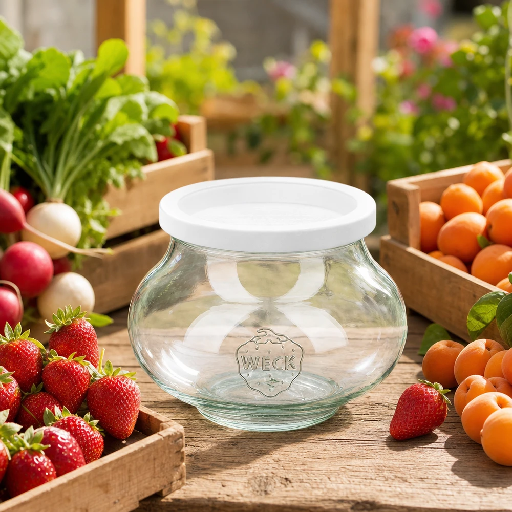 WECK RR80 sierglas van 560 ml met vershouddeksel WECK voorraadpot 560ml RR80 leeg tussen vers fruit en groenten op een houten tafel in de tuin als voorraadpot