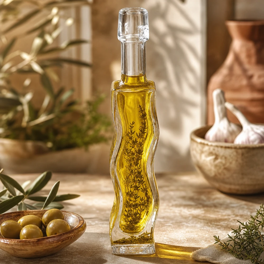40 ml glazen fles Fila zonder beugel UNiTWIST® 40ml glazen fles Anna gevuld met olijfolie en kruiden Gebruiksvoorbeeld Keuken Mediterrane decoratie