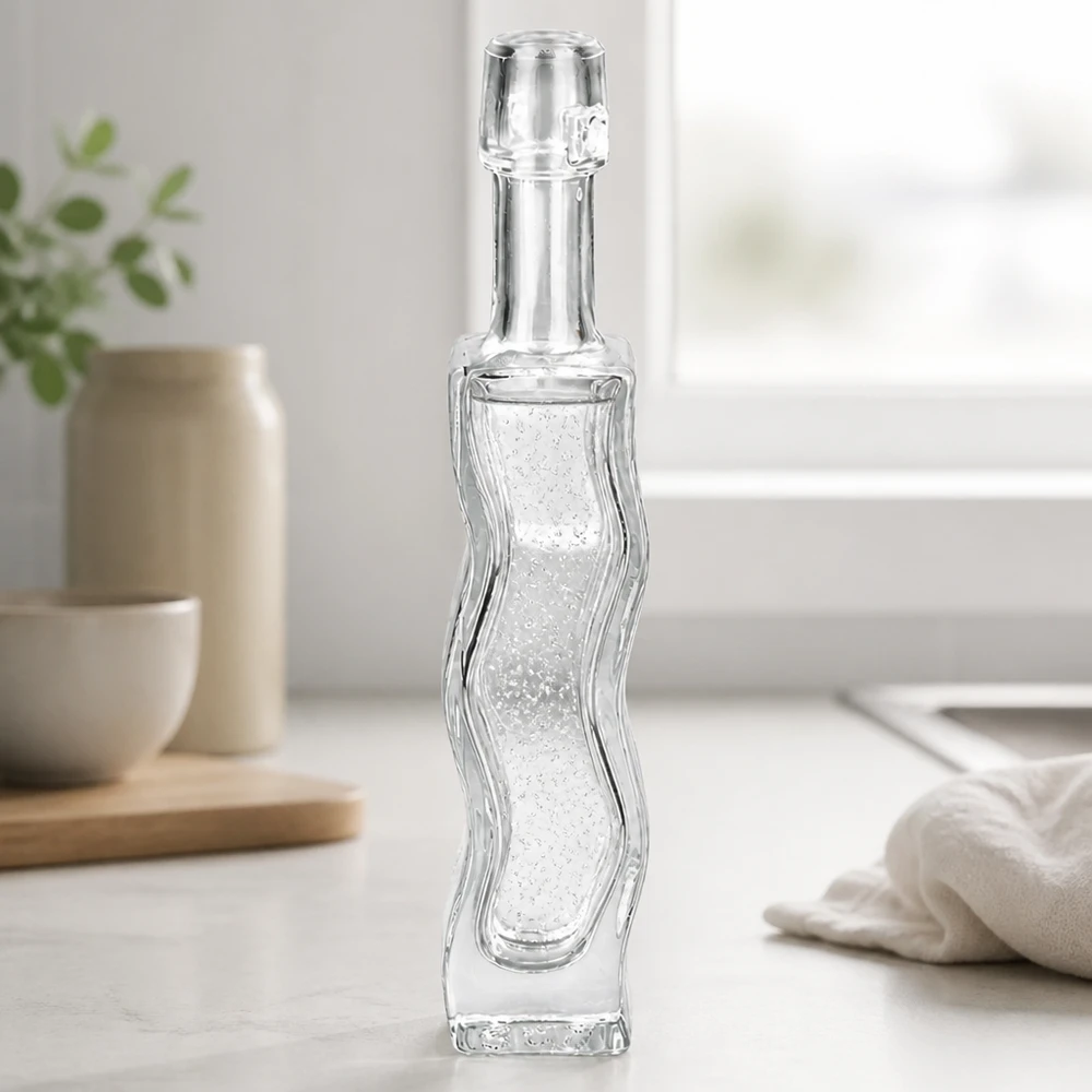40 ml glazen fles Fila zonder beugel UNiTWIST® 40ml glazen fles Anna met golvend reliëfpatroon zonder draaidop transparant leeg badkamer sfeer zijaanzicht
