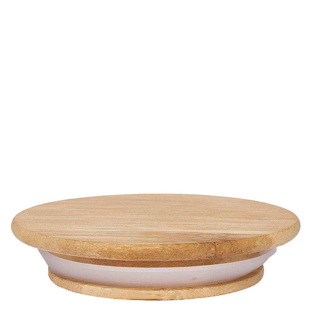 Houten deksel WECK RR80 WECK houten deksel RR80 zijaanzicht toont natuurlijke houtnerf en witte siliconen afdichtring voor luchtdichte afsluiting.