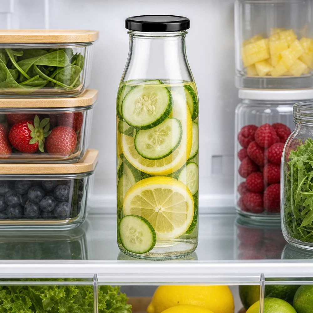 500ml fles met BasicSeal deksel zwart UNiTWIST 500 ml glazen fles komkommer-citroenwater in de koelkast tussen vers fruit en groenten