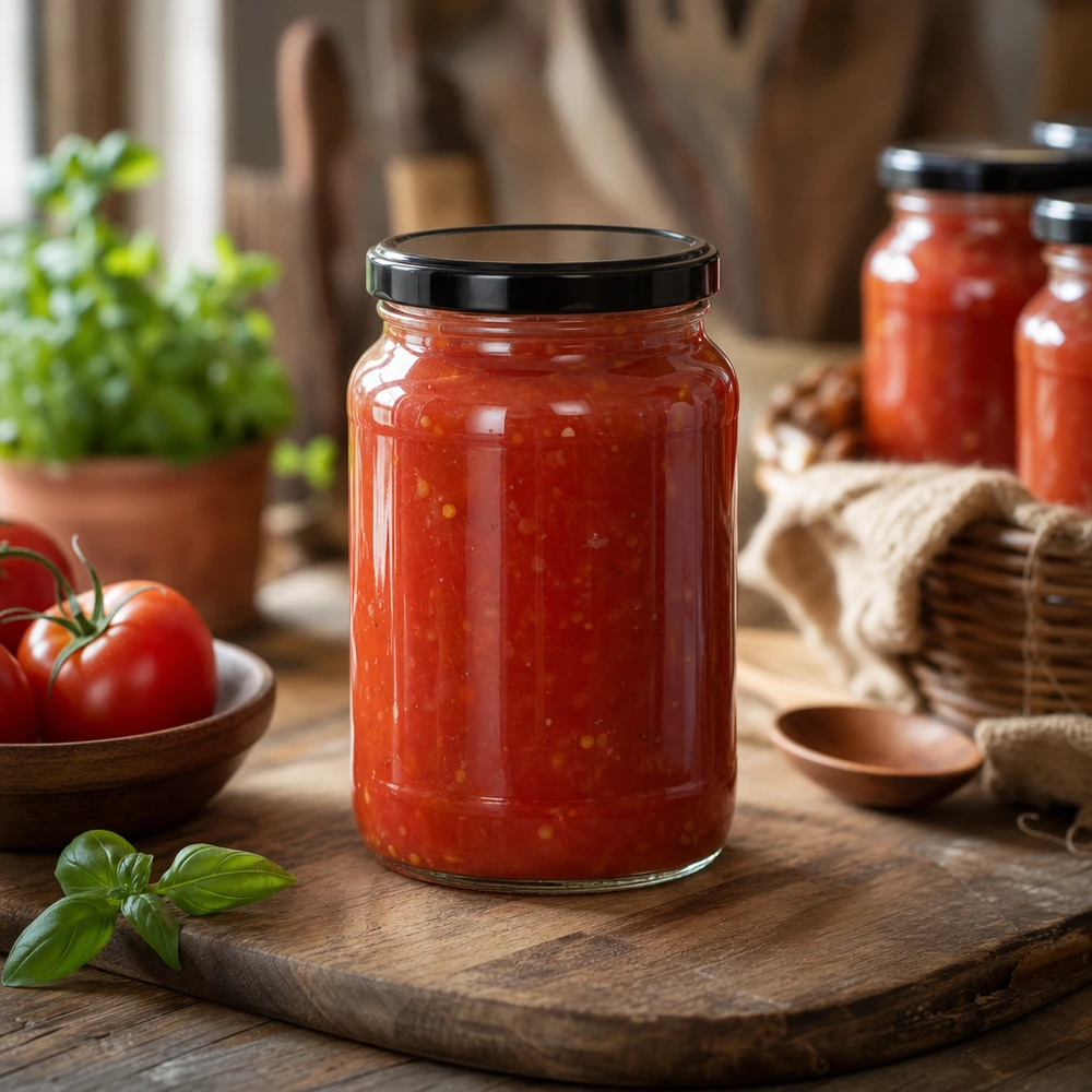 1700ml rond glas met BasicSeal deksel zwart UNiTWIST Tomatensaus in 1700ml ronde pot zwart BasicSeal deksel houten plank keuken rustieke sfeer inmaakpot