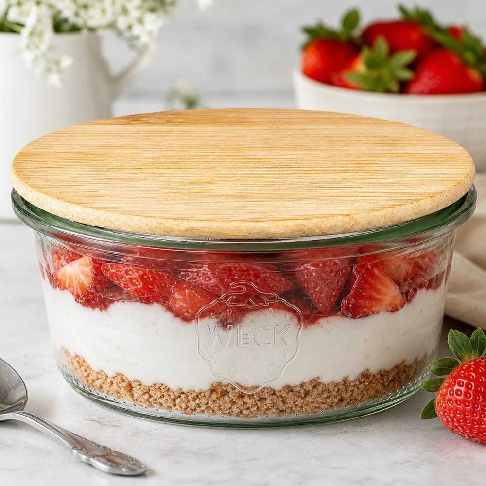 WECK RR80 165ml mason jar met bamboe deksel als dessertpot voor aardbeien gelaagd dessert in een keukensfeer