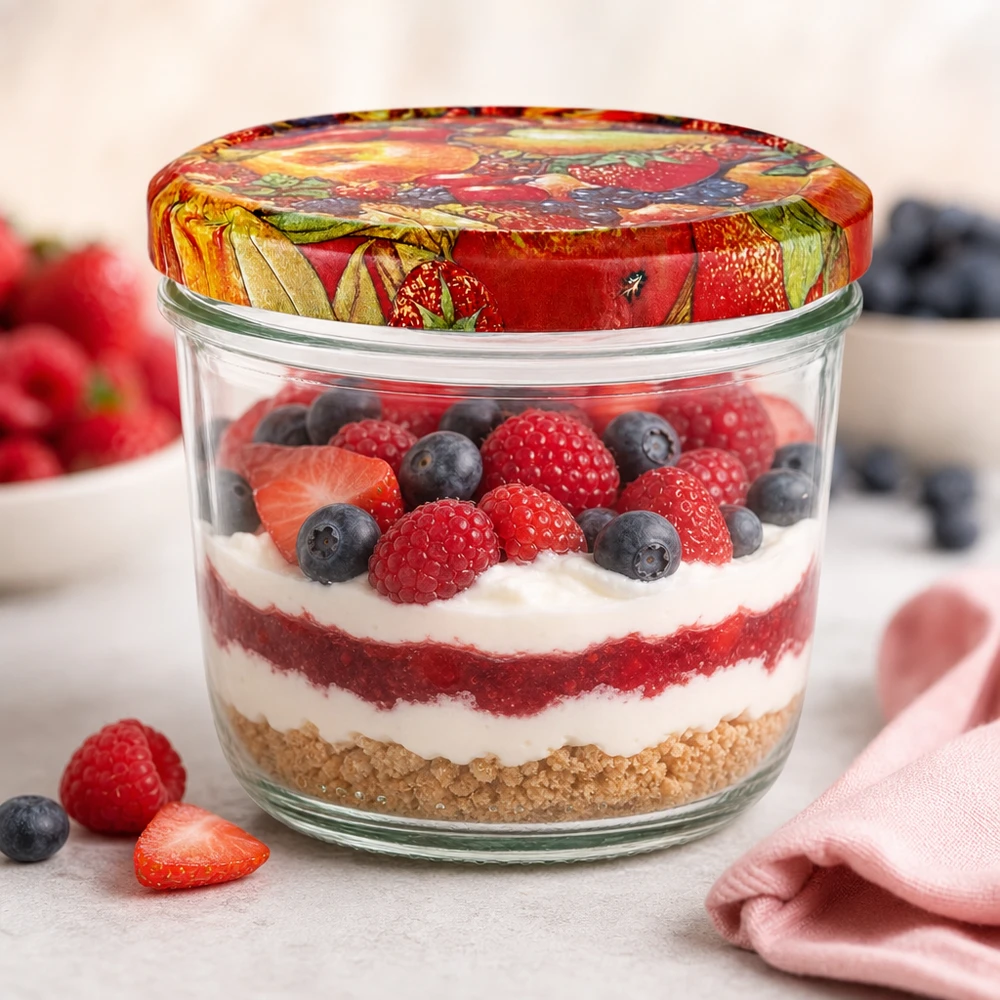230ml bekers met BasicSeal deksel Fruit decor UNiTWIST 230 ml bekers met BasicSeal fruitdecor deksel gevuld met een gelaagd dessert van bessen, room en biscuitbodem