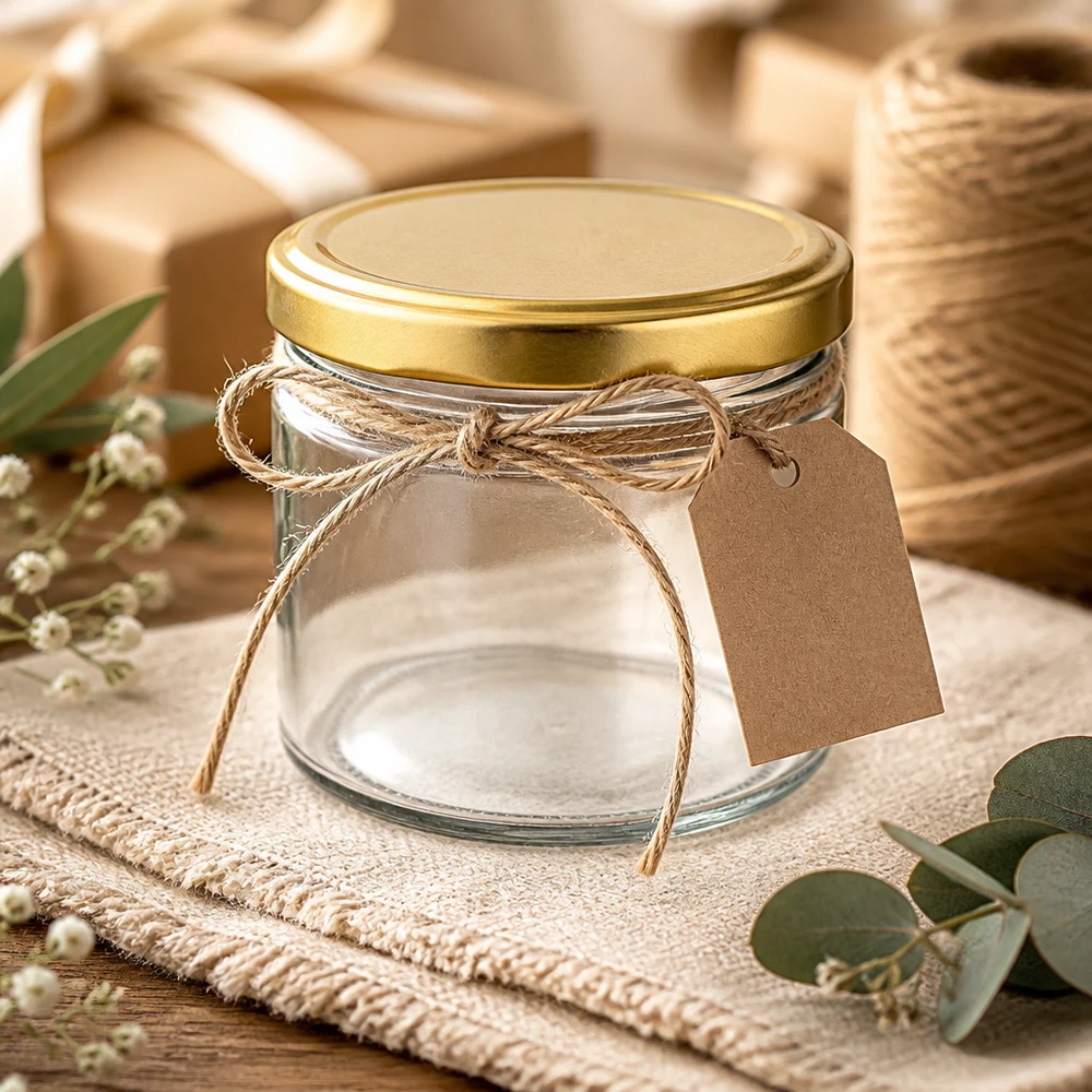 540ml rond glas met BasicSeal deksel goud UNiTWIST 540 ml ronde pot met BasicSeal deksel goud leeg gedecoreerd met jute lint cadeaulabel rustieke sfeer