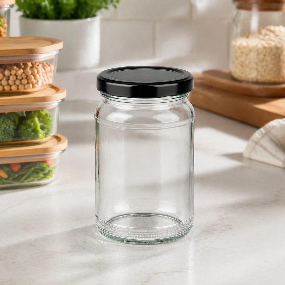 110ml rond glas met BasicSeal deksel zwart UNiTWIST UNiTWIST rond glas 110ml in moderne keuken op werkblad met voorraadpotten op de achtergrond