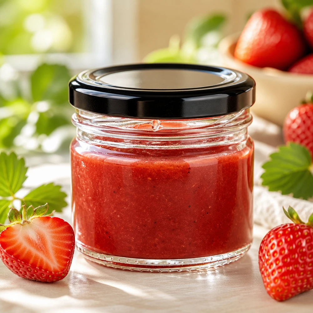 33 ml rond glazen potje UniTwist met zwarte deksel, ideaal voor jam, smeersels en culinaire cadeautjes