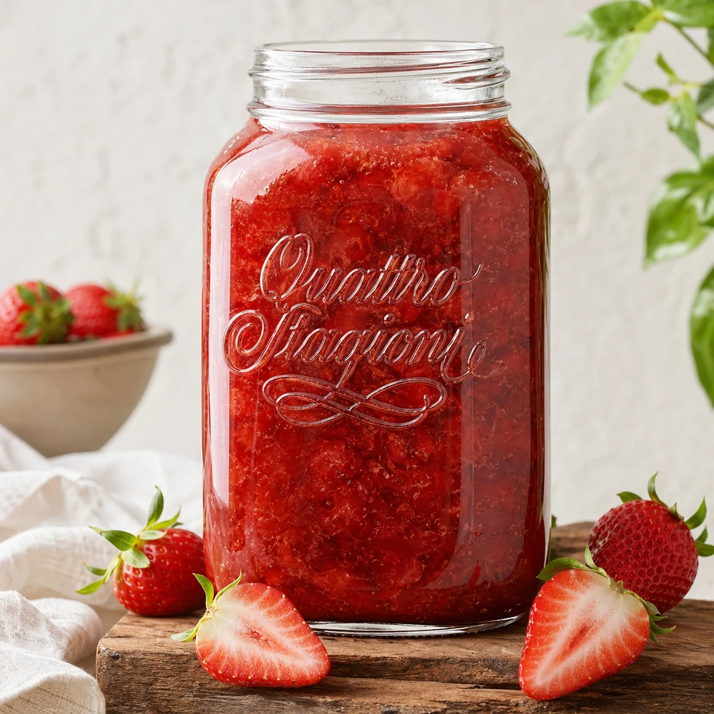 Quattro Stagioni huishoudpot 3800ml gevuld met rode aardbeienjam, omringd door verse aardbeien op een houten plank