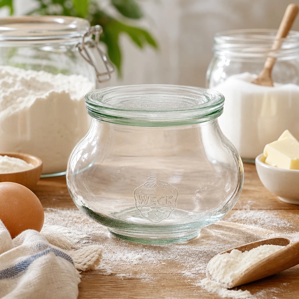 560 ml sierpot met glazen deksel WECK RR80 WECK decoratieve pot 560ml RR80 leeg in bakkeuken tussen bloem, eieren en bakingrediënten voor het bewaren van ingrediënten