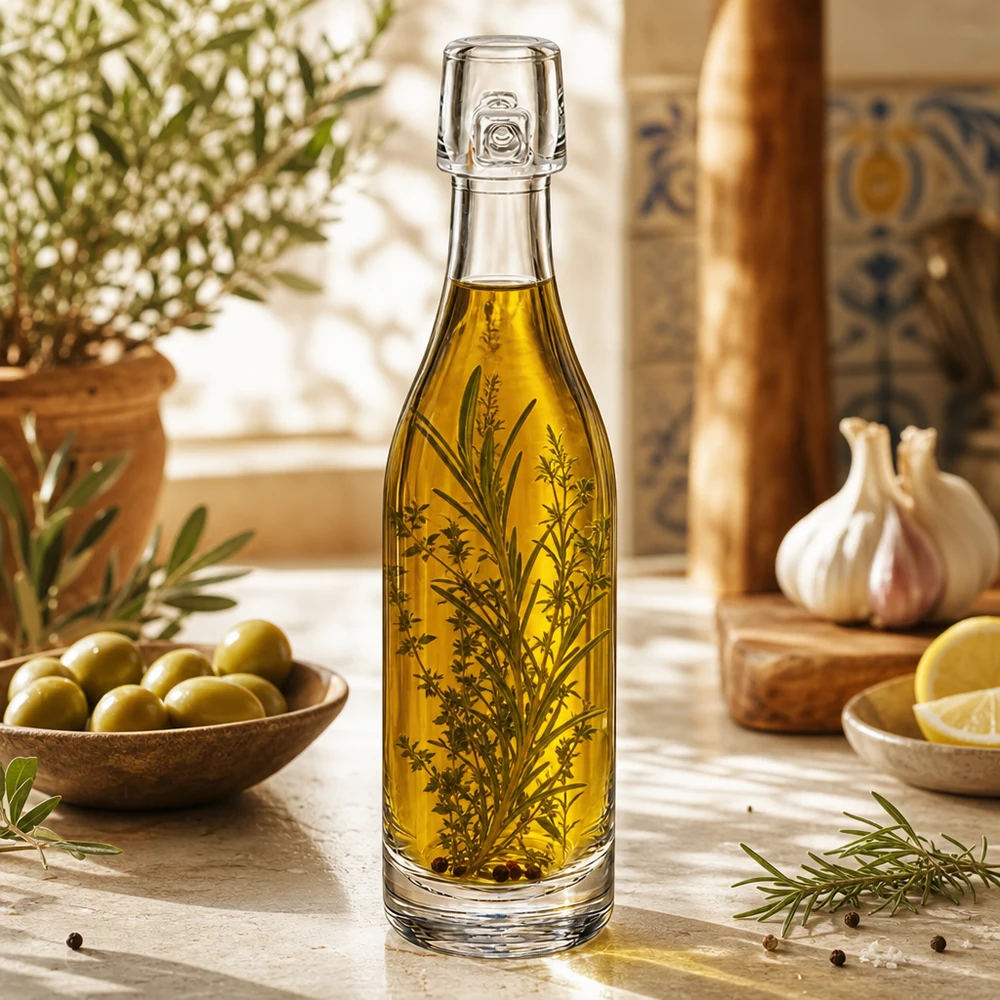 50ml glazen fles UNiTWIST gevuld met olijfolie en kruiden Mediterrane keuken Olijven Knoflook Rozemarijn Decoratie
