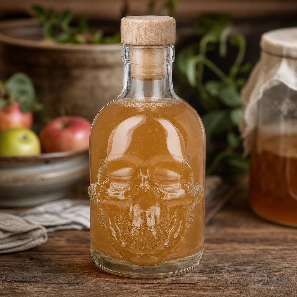 200 ml glazen fles Jack met houten kurk UNiTWIST® 200 ml glazen fles Jack skull met amberkleurige vulling in een keukensfeer met appels en potten kruiden