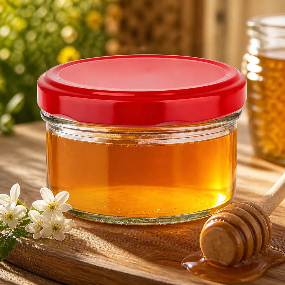 Doorzichtig rond glas van 186 ml van UNiTWIST met rode deksel, perfect voor vloeibare levensmiddelen