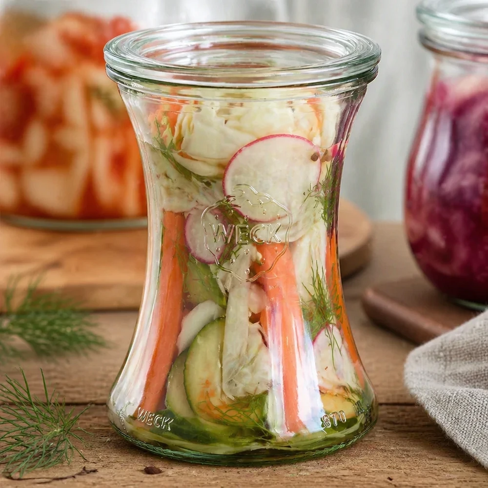 Delikatessenpot van 370 ml met glazen deksel WECK RR80 WECK delicatessenpot 370ml RR80 gevuld met ingemaakte groenten en dille toont veelzijdig gebruik voor het inmaken
