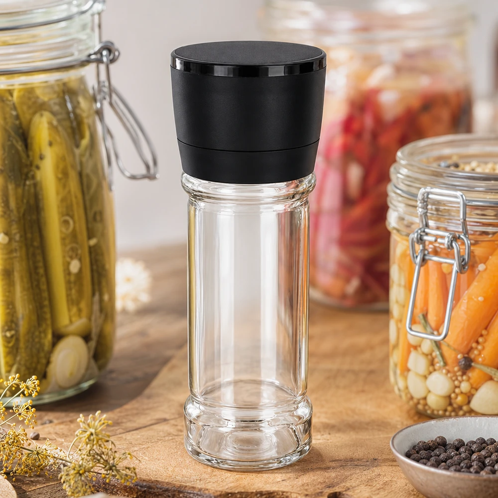 Zout-/kruidenpotje 100 ml met molen Vario zwart Lege kruidenpot van 100 ml met zwarte Vario-molen, met daarachter ingemaakte groenten in inmaakpotten