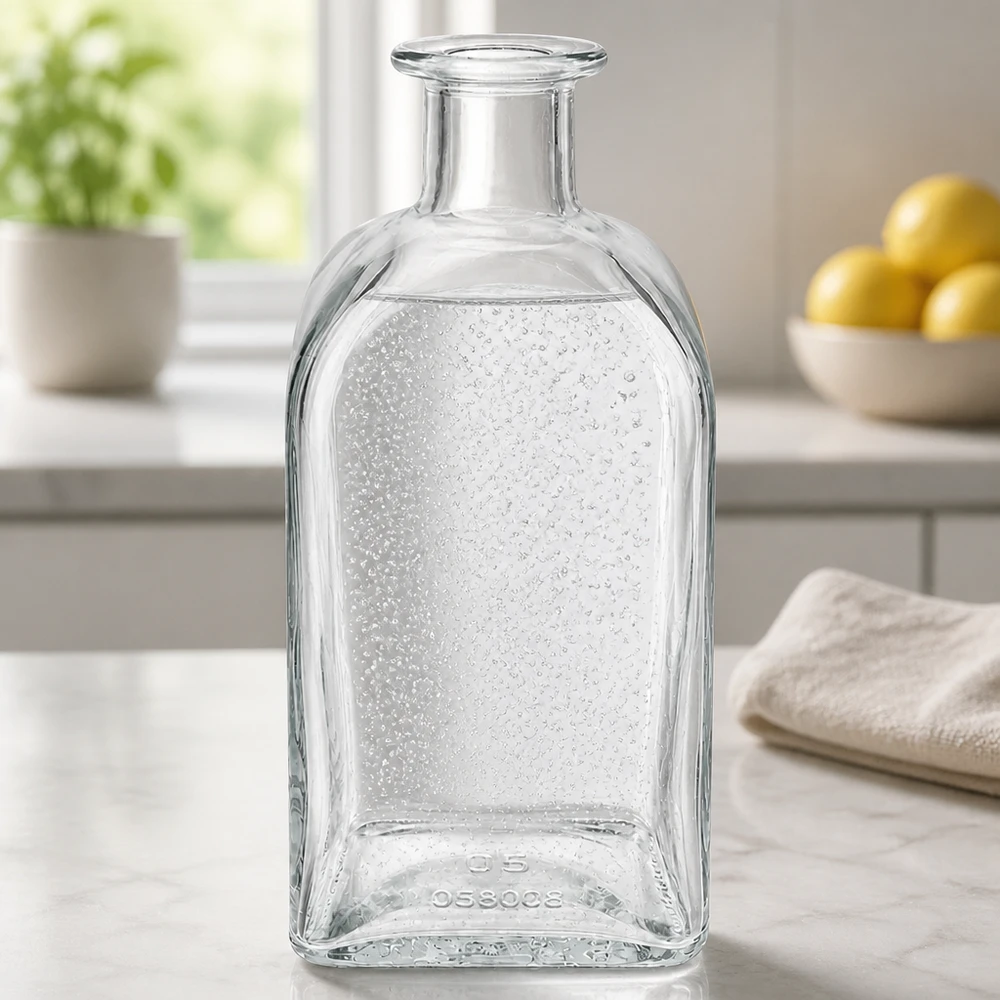 500 ml Apothekersfles Julia zonder sluiting UNiTWIST® 500ml Julia glazen fles in moderne keuken op marmeren aanrecht met waterdruppels en natuurlijk licht
