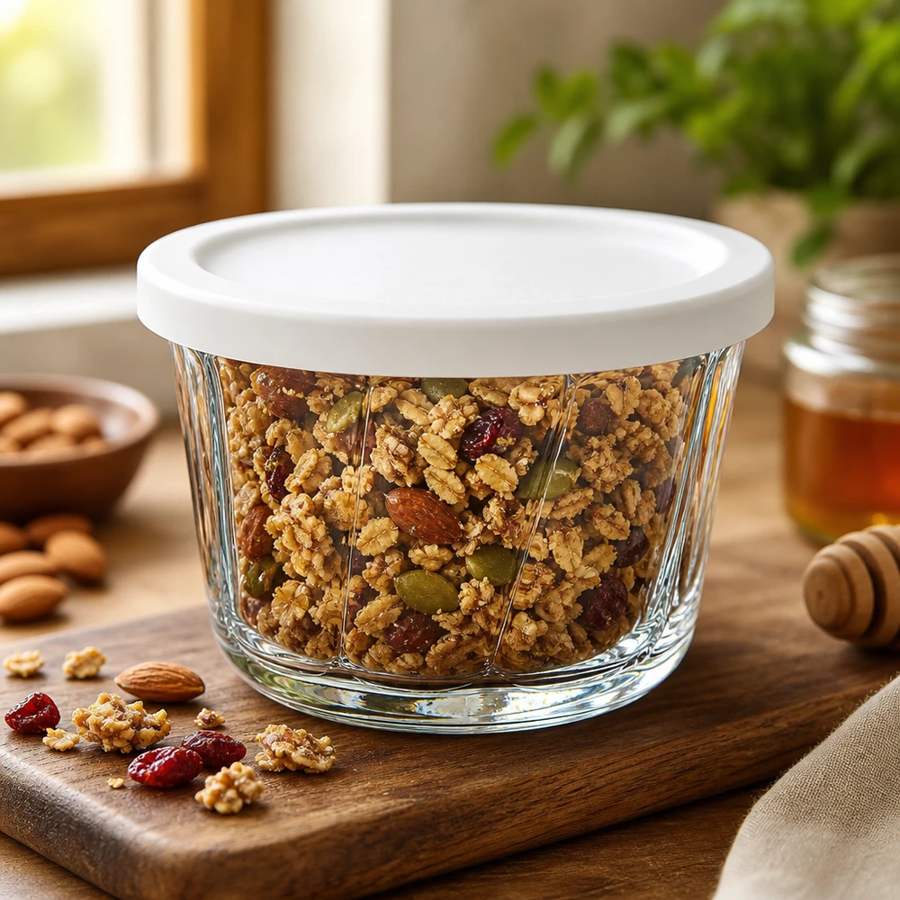 WECK Gugelhupf pot 165ml RR80 gevuld met muesli en noten als praktische voorraadpot op een houten plank