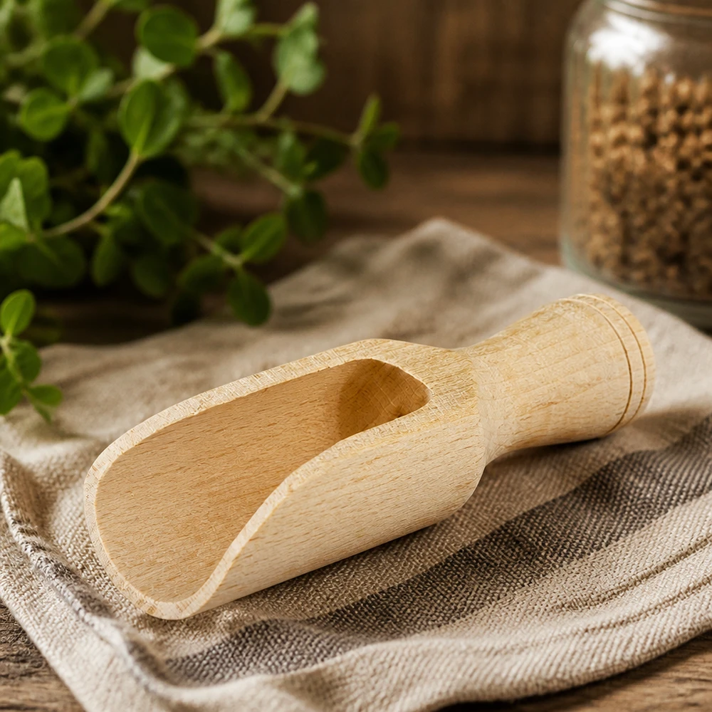 Houten schep maat S halfronde vorm - 75mm lang Houten schep S van beukenhout 7,5cm op linnen doek met kruiden en kruidenpotje natuurlijk keukengerei