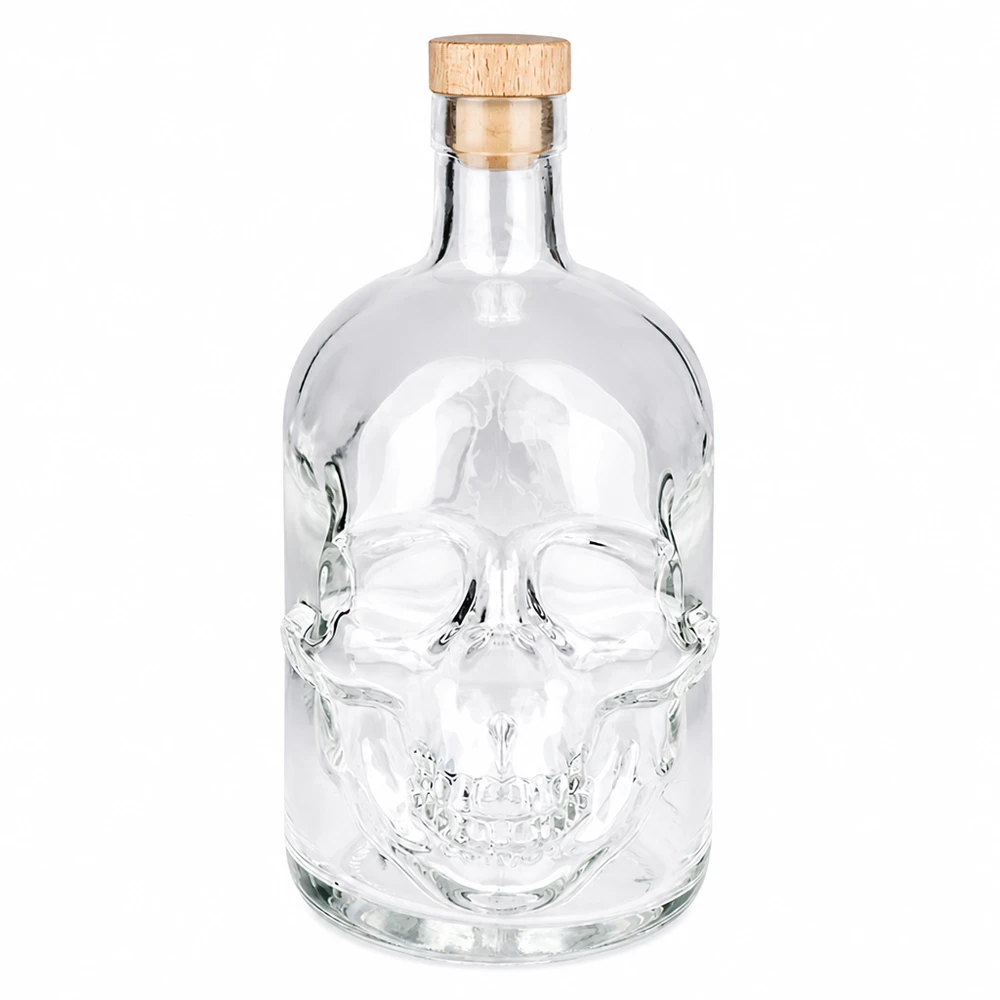 700 ml glazen fles Jack met houten kurk UNiTWIST® 700ml Glasflasche Jack mit Totenkopf-Design und Holzkorken, leere Spirituosenflasche aus klarem Glas
