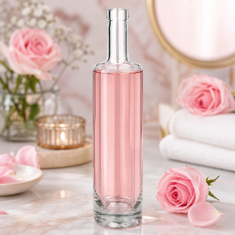 500ml Lina glazen fles met roze inhoud in een romantische spa sfeer met roze rozen en wellness decoratie