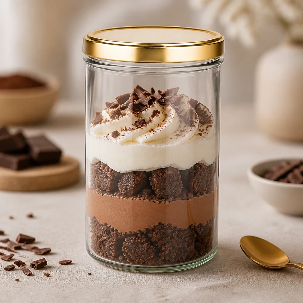 277ml bekers met BasicSeal deksel goud UNiTWIST 277 ml beker met gouden UNiTWIST deksel als dessertglas voor chocoladetiramisu met room en cacao