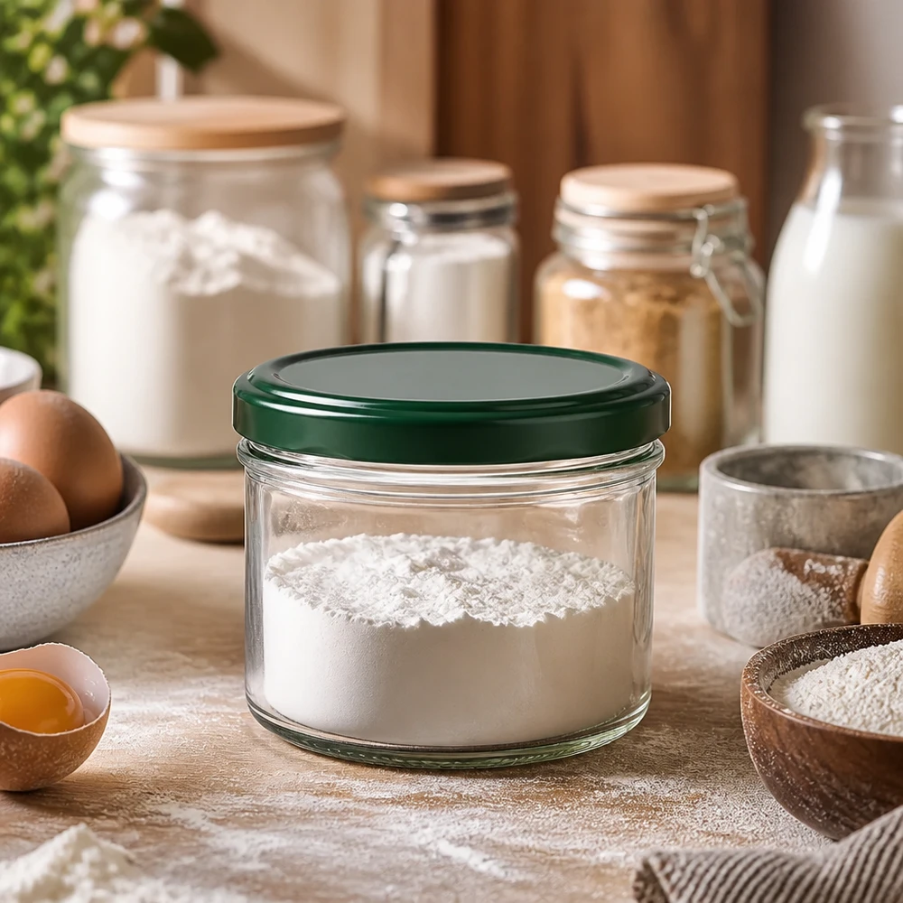 Meelopslag in 230 ml cilinderpot met groen deksel - luchtdicht bewaren van bakingrediënten en keukeningrediënten