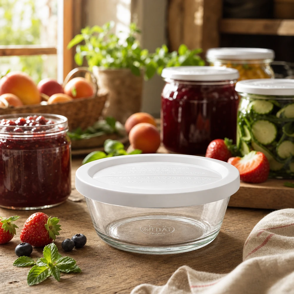 WECK Gourmetglas RR120 in gemütlicher Küche mit Einmachgläsern und frischen Früchten für moderne Vorratshaltung