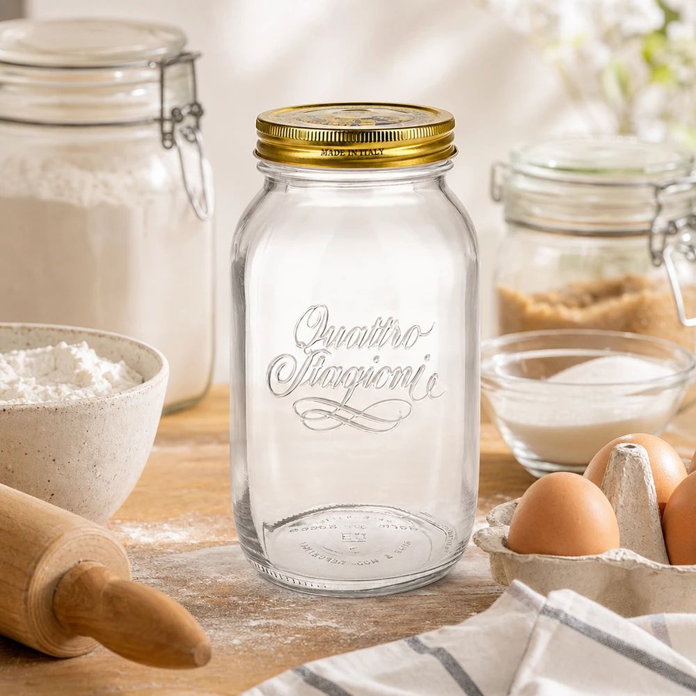 1500 ml rond glas "Quattro Stagioni" met deksel Quattro Stagioni inmaakpot 1500ml in bakkerij met bloem eieren deegroller Italiaanse inmaakpot keukengerei