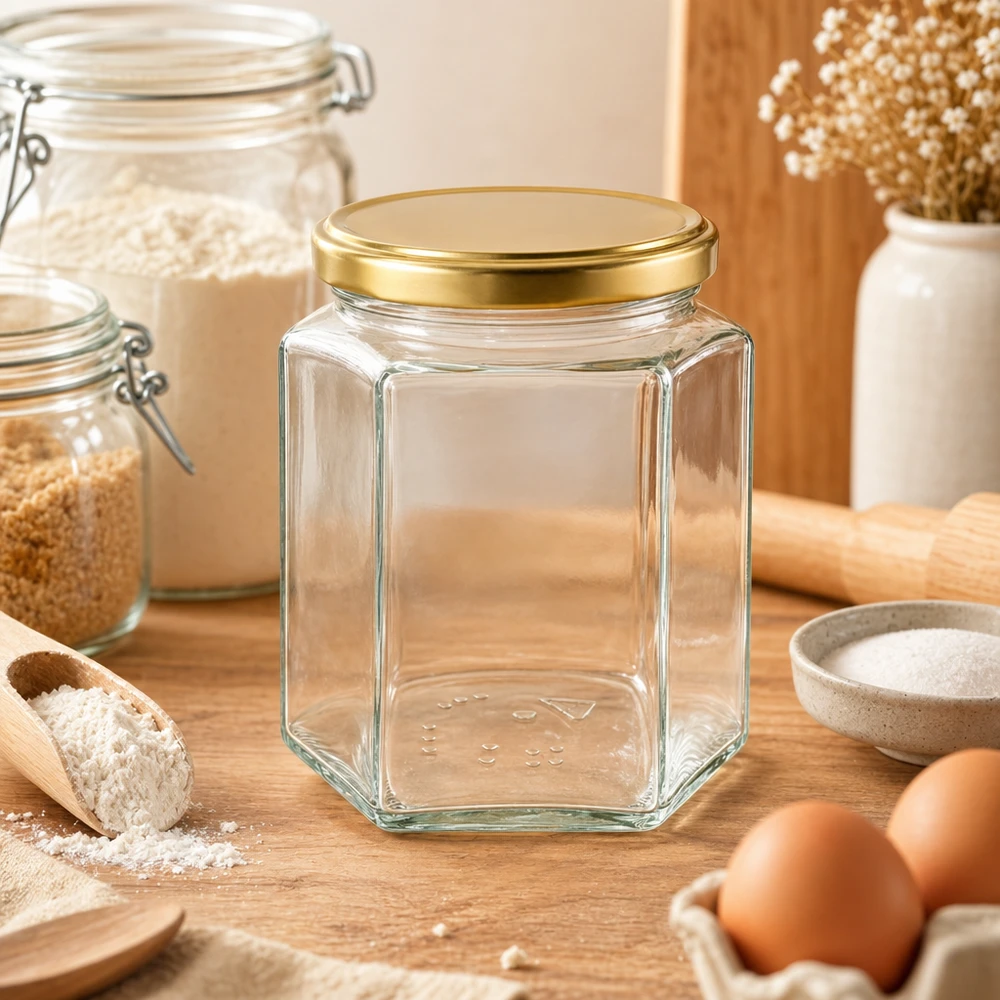 Honingpot 500 g met gouden deksel BasicSeal UNiTWIST Leeres 500g Honigglas BasicSeal UT sechseckig mit goldenem Deckel in gemütlicher Küchenumgebung Mehl Eier Holz