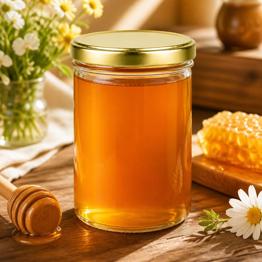 435 ml bekers met gouden deksel gevuld met honing - perfect voor natuurlijke voedingsmiddelen en jam