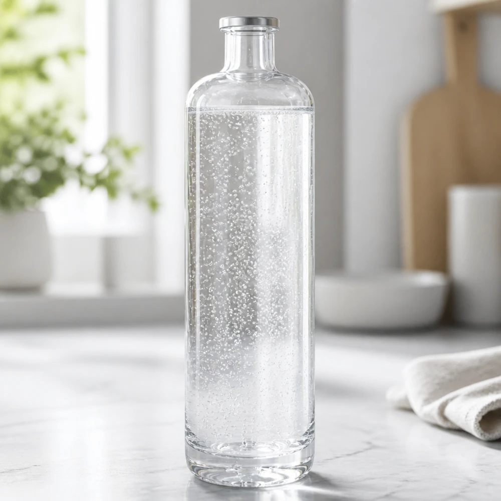 700 ml glazen fles Ella zonder sluiting UNiTWIST® 700 ml glazen fles Ella gevuld met bruisend mineraalwater op een lichtgekleurd keukenblad in een moderne omgeving
