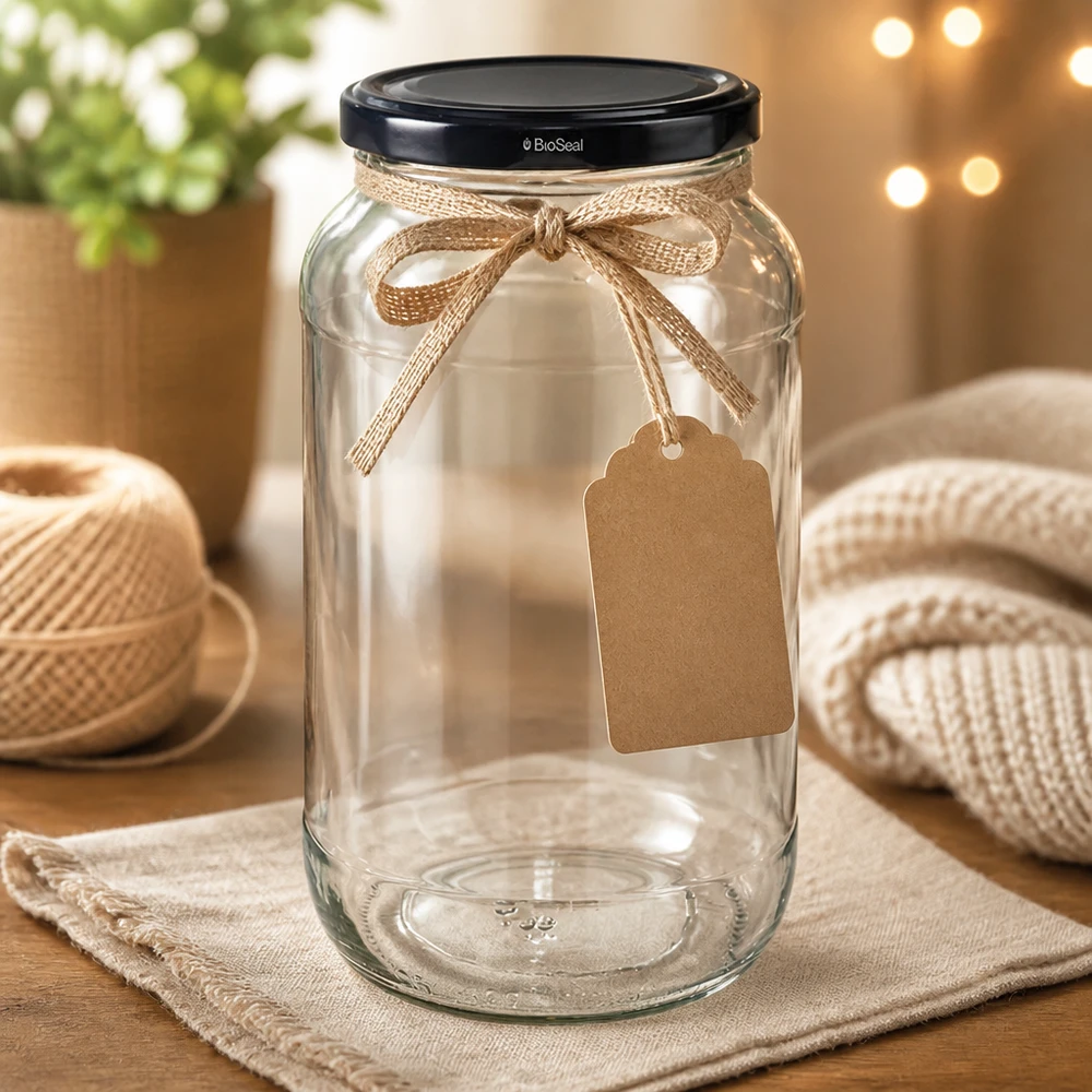 UNiTWIST ronde pot 1062 met zwart TO82 BioSeal deksel versierd met jutelint en cadeaulabel Knutselwerkje