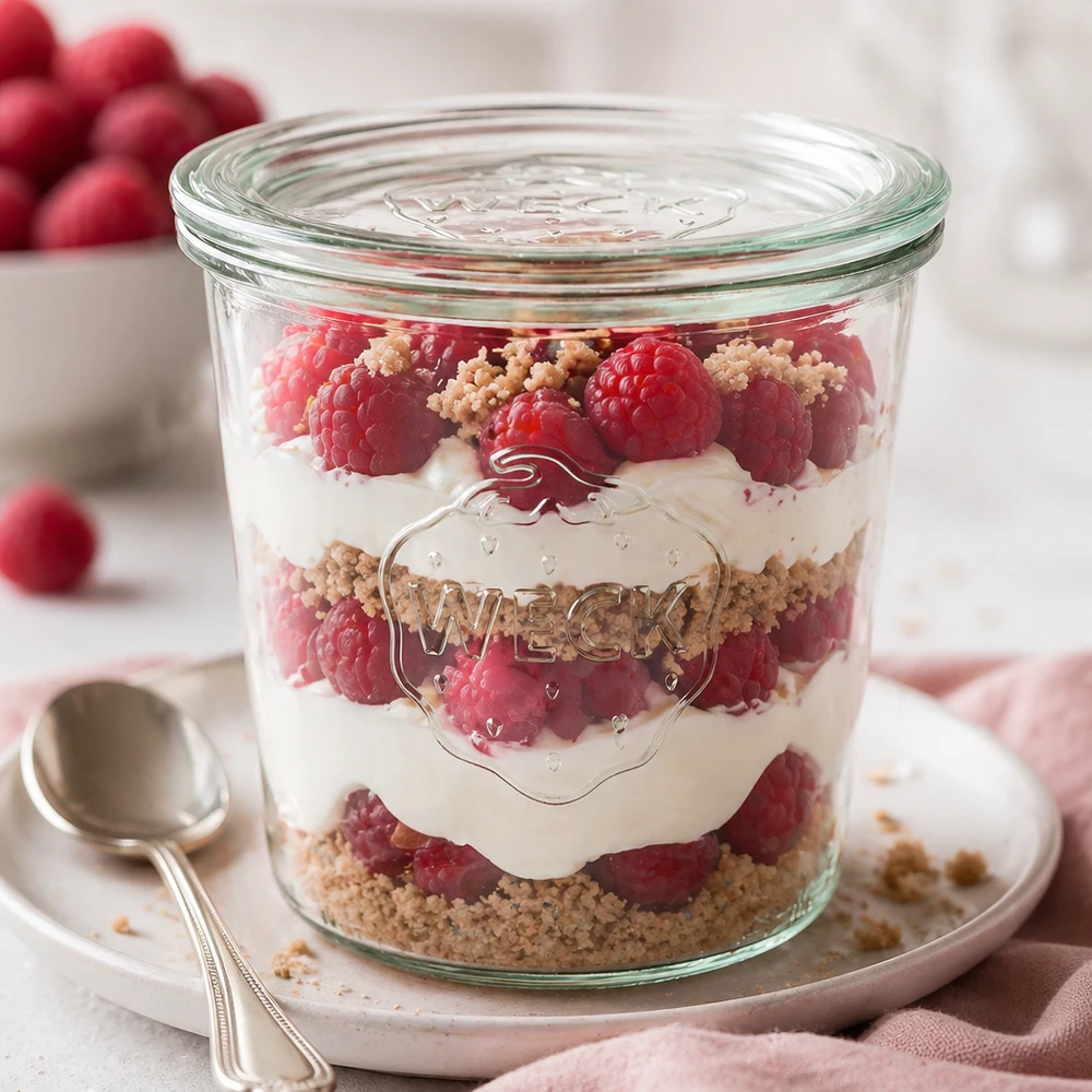 WECK RR100 glazen pot van 580 ml met glazen deksel WECK bekers 580ml RR100 als dessertpot met frambozen laagjes dessert en crumble decoratief gerangschikt