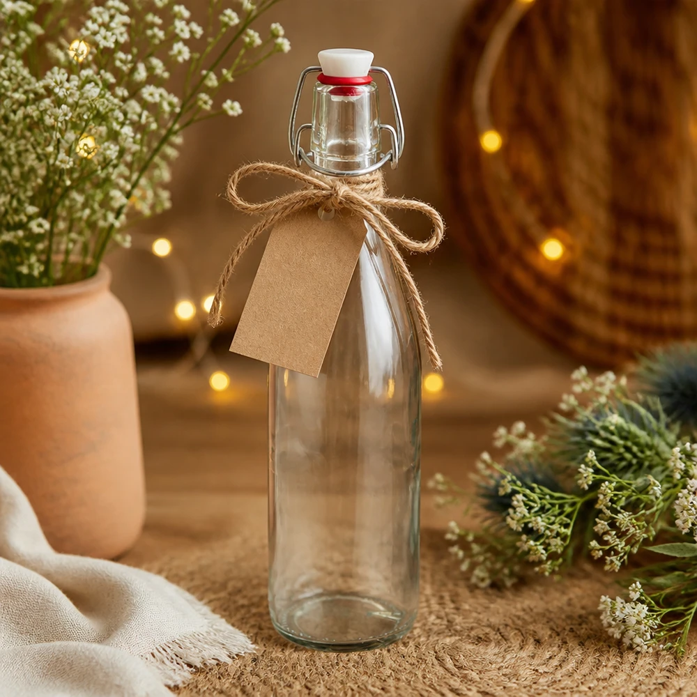 Glazen fles van 500 ml + porseleinen slingerdop UN... Glazen fles 500ml met draaidop porselein als cadeau versierd met kraftpapier label en jute koord