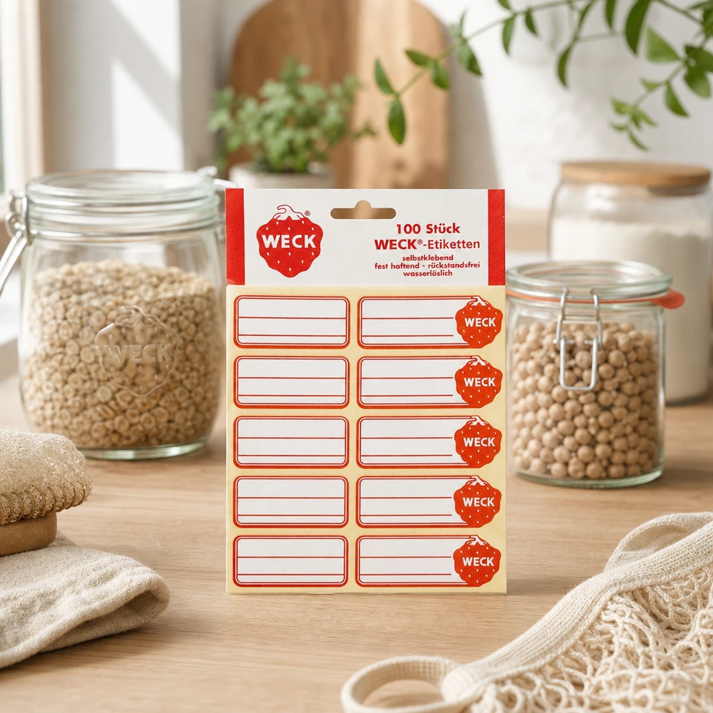 WECK etiketten Productverpakking met 100 zelfklevende stickers naast voorraadpotten met granen