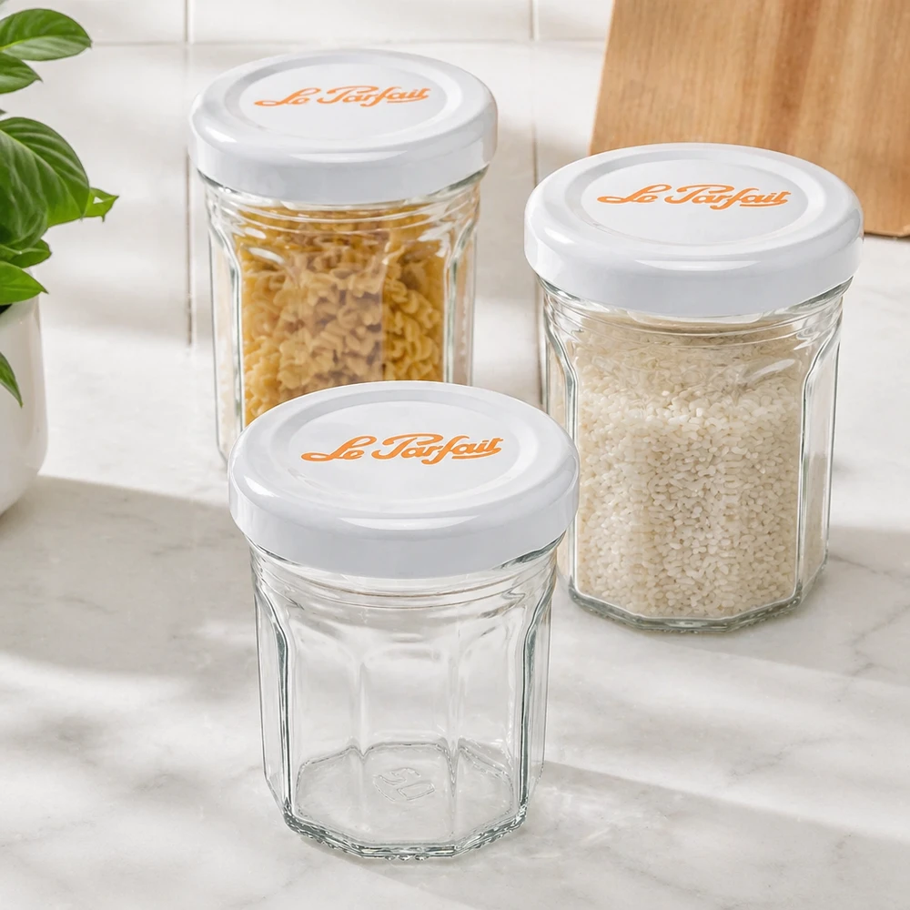 Le Parfait® Mini‑Jam 44 ml Ø48 mm pot Le Parfait minitumblers 44 ml set met witte deksels - één leeg, twee gevuld met rijst en pasta